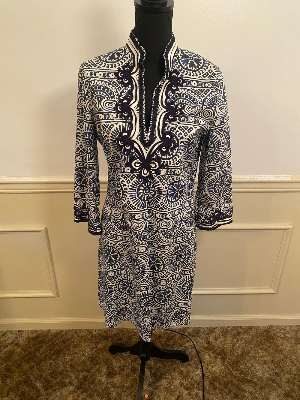 Tory Burch Tunic Shift Dress Mosaic Navy Blue White Tile Work Design Coastal